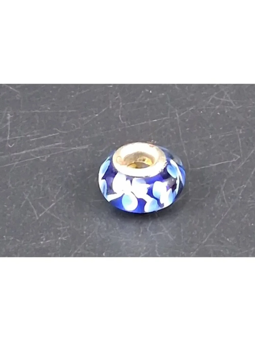 Glass Charm Bead With Blue Floral Design & Metal Core